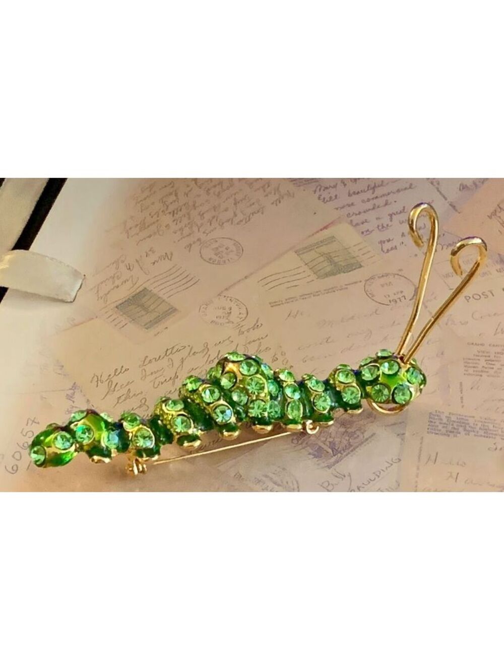 Sparkling Green Caterpillar Pin with Gold Tone and Rhinestones